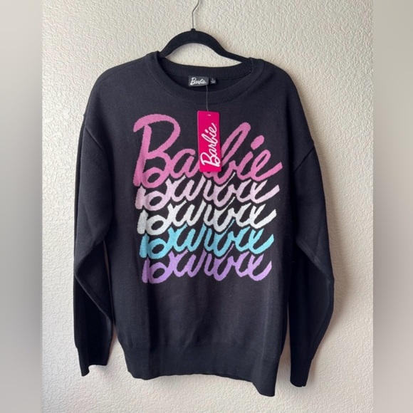 NWT Barbie Logo Sweater Large Black Multicolor Graphic Knit Pullover Mattel - Picture 2 of 6